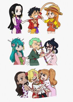 3boys 6+girls black_hair blonde_hair boa_hancock brown_hair charlotte_pudding chibi clothes_grab curly_eyebrows dress earrings facial_hair glasses green_hair heart heart-shaped_pupils jewelry kouzuki_hiyori long_hair looking_at_another monkey_d._luffy multiple_boys multiple_girls nami_(one_piece) one_piece orange_hair purple_dress roronoa_zoro sanji_(one_piece) shampowrado smile snake_earrings symbol-shaped_pupils tashigi third_eye twintails very_long_hair viola_(one_piece)