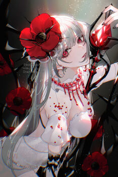 1girl black_nails coquelic_(path_to_nowhere) dress earrings eyelashes fascinator flower hair_flower hair_ornament holding jewelry kogome_(azalea4) long_hair looking_at_viewer nail_polish path_to_nowhere poppy_(flower) red_eyes red_flower smile solo stud_earrings tagme upper_body white_hair