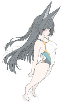 1girl alternate_costume animal_ear_fluff animal_ears arched_back black_hair blunt_bangs breasts collarbone commentary covered_navel english_commentary fox_ears fox_girl highres hoshimi_miyabi long_hair medium_breasts one-piece_swimsuit red_eyes sideways_glance simple_background solo swimsuit t1kosewad white_background zenless_zone_zero