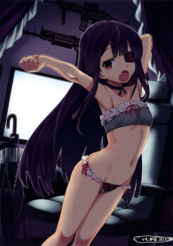 10s 1girl arm_behind_head armpits assault_rifle black_hair bra chair clenched_hand collarbone curtains dutch_angle eyepatch fang female_focus fn_scar frilled_bra frilled_panties frills gun highres long_hair mirai_(senran_kagura) nagashii_kouhei navel open_mouth outstretched_arm page_number panties red_eyes rifle scan scan_artifacts screen senran_kagura solo standing stomach tears umbrella_gun underwear underwear_only very_long_hair weapon
