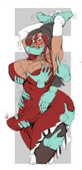 ! 1futa 6+boys arm_grab armpits arms_up black_hair blue_eyes blush breasts bulge cleavage clothes curvy elbow_gloves erection erection_under_clothes futanari gloves gradient_hair highres huge_breasts kono_subarashii_sekai_ni_shukufuku_wo! large_penis leg_grab long_hair looking_at_viewer molestation multicolored_hair multiple_boys penis penis_grab ponytail pov pov_hands red_hair redblacktac robe sylvia_(konosuba) thick_thighs thighs white_gloves wide_hips