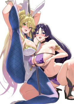 2girls ahoge animal_ears armlet artoria_pendragon_(fate) artoria_pendragon_(lancer)_(fate) artoria_pendragon_(swimsuit_ruler)_(fate) artoria_pendragon_(swimsuit_ruler)_(first_ascension)_(fate) bare_shoulders bikini blonde_hair blue_pantyhose blush braid breasts choker cleavage commentary_request detached_collar eyepatch_bikini fate/grand_order fate_(series) fishnet_pantyhose fishnets gold_trim green_eyes hair_between_eyes high_heels highleg highleg_leotard highres jewelry large_breasts leg_up leotard long_hair looking_at_viewer minamoto_no_raikou_(fate) minamoto_no_raikou_(fate/grand_order) minamoto_no_raikou_(swimsuit_lancer)_(fate) minamoto_no_raikou_(swimsuit_lancer)_(third_ascension)_(fate) multiple_girls muunyan_(yumenekoya) navel necktie open_mouth pantyhose parted_bangs playboy_bunny pole ponytail purple_bikini purple_eyes purple_hair rabbit_ears sidelocks smile spread_legs squatting stripper_pole swimsuit tiara very_long_hair white_leotard wrist_cuffs