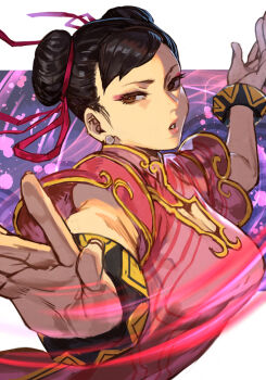 1girl breasts brown_hair capcom chinese_clothes chun-li cleavage cleavage_cutout clothing_cutout double_bun earrings hair_bun hungry_clicker jewelry open_hand pearl_earrings pink_shirt puffy_short_sleeves puffy_sleeves shirt short_sleeves solo street_fighter upper_body