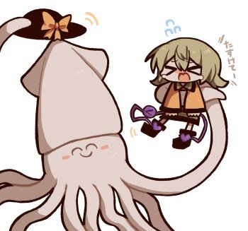 >_< 1girl animal black_hat black_shoes bow chibi hat hat_bow highres komeiji_koishi light_green_hair motion_lines open_mouth shoes smile squid sweater third_eye touhou unworn_hat unworn_headwear white_background yellow_bow yellow_sweater zunusama