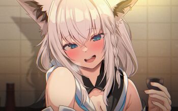 1girl animal_ears bare_shoulders blue_eyes blush breasts choko_(cup) cleavage commentary cup fox_ears fox_girl highres holding holding_cup hololive indoors kumarang open_mouth shadow shirakami_fubuki shirakami_fubuki_(1st_costume) smile solo symbol-only_commentary virtual_youtuber white_hair
