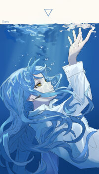 1girl absurdres air_bubble bang_dream! bang_dream!_it's_mygo!!!!! blue_hair bubble chinese_commentary commentary_request elemental_water_symbol highres long_hair long_sleeves omo_cccc open_mouth shirt sidelocks solo song_name togawa_sakiko underwater white_shirt yellow_eyes