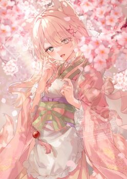 1girl absurdres animal_ears bow braid cherry_blossoms eyes_visible_through_hair fang green_eyes hair_bow hair_ornament highres japanese_clothes kimono long_hair nekojita_(ika_neko46) open_mouth original pink_bow pink_hair skin_fang swept_bangs x_hair_ornament