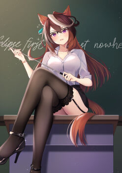 1girl :d animal_ears bespectacled black-framed_eyewear black_garter_straps black_shoes black_skirt black_thighhighs breasts brown_hair chalkboard cleavage collared_shirt commentary_request crossed_legs desk garter_straps glasses hair_between_eyes high_heels highres holding holding_pointer holding_rod horse_ears horse_girl horse_tail large_breasts long_hair looking_at_viewer multicolored_hair on_desk open_mouth over-rim_eyewear pointer purin_jiisan purple_eyes rod semi-rimless_eyewear shirt shoes sitting skirt sleeves_rolled_up smile solo streaked_hair symboli_rudolf_(umamusume) tail teacher thighhighs thighs umamusume white_hair white_shirt