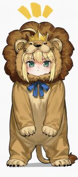 1girl absurdres angry animal_costume artoria_pendragon_(fate) blonde_hair blue_ribbon cosplay crown fate/stay_night fate_(series) green_eyes highres kamisato_sora kigurumi lion_costume pout ribbon saber_(fate) saber_lion serious short_hair solo