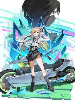 2girls absurdres aqua_necktie arm_up black_shoes black_skirt breasts dark_persona dual_persona earrings full_body hair_ornament hand_on_own_hip headphones headphones_around_neck highres id_card jewelry looking_at_viewer lynae_(wuthering_waves) medium_breasts motor_vehicle motorcycle multiple_girls necktie nun178089 purple_eyes shirt shirt_tucked_in shoes skirt skull_hair_ornament smile standing star_(symbol) star_earrings white_shirt wuthering_waves