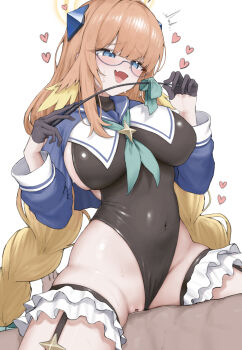 1boy 1girl absurdres aqua_neckerchief bar_censor black_gloves black_leotard blonde_hair blue-framed_eyewear blue_archive blue_eyes blue_shrug blunt_bangs blush braid braided_twintails breasts censored clothed_sex clothing_aside commentary covered_navel cowboy_shot cowgirl_position fang feather_hair frilled_thigh_strap furrowed_brow girl_on_top glasses gloves half_gloves halo heart heart_in_eye hetero highleg highleg_leotard highres holding holding_riding_crop large_breasts leotard leotard_aside long_hair looking_at_another low_twin_braids multicolored_hair neckerchief official_alternate_costume open_mouth orange_hair pussy rainbow_goreinu riding_crop semi-rimless_eyewear sex shimiko_(blue_archive) shimiko_(magical)_(blue_archive) shrug_(clothing) sideless_leotard sidelocks simple_background skin_fang skin_tight smile solo_focus straddling sweat symbol_in_eye thigh_strap twin_braids two-tone_hair vaginal very_long_hair white_background yellow_halo