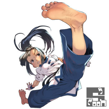 1girl barefoot black_hair breasts commission dobok dougi fingerless_gloves flexible genderswap genderswap_(mtf) gloves high_kick kicking kim_kaphwan long_hair martial_arts_belt open_mouth pants pixiv_commission ponytail soles soon_(c-u-soon) taekwondo the_king_of_fighters_all-stars