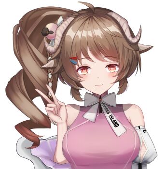 1girl absurdres animal_ears ardelia_(arknights) arknights arknights:_endfield bare_shoulders blush bow bowtie brown_hair chinese_commentary closed_mouth clothes_writing commentary_request curled_horns eyjafjalla_(arknights) grey_horns hair_ornament hairclip hand_up highres horns iceccc long_hair mixed-language_commentary pink_shirt sheep_ears sheep_girl sheep_horns shirt side_ponytail simple_background sleeveless sleeveless_shirt smile solo upper_body v white_background white_bow white_bowtie