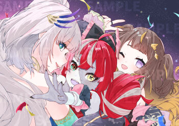 3girls :d ;d ahoge anya_melfissa anya_melfissa_(1st_costume) azusa_(azunyan12) blonde_hair blue_eyes bow brown_hair colored_skin commentary_request confetti detached_sleeves double_bun fangs feather_hair_ornament feathers fingernails from_behind gradient_hair grey_skin hair_bow hair_bun hair_ornament happy heterochromia highres hololive hololive_indonesia holoro jewelry kureiji_ollie kureiji_ollie_(1st_costume) long_fingernails long_hair looking_at_viewer looking_back multicolored_hair multiple_girls one_eye_closed open_mouth patchwork_skin pavolia_reine pavolia_reine_(1st_costume) purple_eyes red_eyes red_hair sample_watermark side_ponytail sleeveless smile stitched_face stitches two-tone_hair two_side_up virtual_youtuber watermark watermark_grid white_hair yellow_eyes zombie
