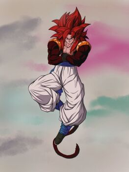 blue_eyes blue_sash commentary_request dragon_ball dragon_ball_gt gogeta highres kenran_dokkan long_hair looking_at_viewer male_focus metamoran_vest monkey_boy monkey_tail muscular muscular_male pants pectorals red_fur red_hair saiyan sash smile solo spiked_hair super_saiyan super_saiyan_4 tail vest white_pants