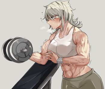 1girl abs artist_request bench_press breasts exercising grey_hair muscular muscular_female short_hair simple_background sweatdrop weightlifting weights wristband