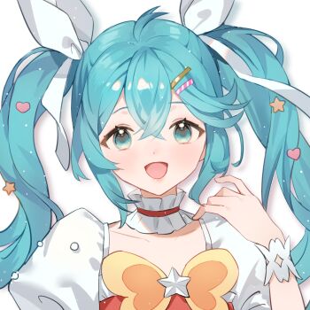Rule 34 | 1girl, ahoge, aqua eyes, aqua hair, bow, bowtie, brooch, chinese commentary, choker, collarbone, commentary request, crossed bangs, dot nose, eyelashes, frilled choker, frills, hair between eyes, hair bow, hair ornament, hairclip, hand on own shoulder, happy, hatsune miku, hatsune miku expo, heart, heart hair ornament, jewelry, lanlan zhi jiabing, light blush, light particles, lipstick, long hair, makeup, open mouth, parallel hairclips, pink lips, puffy short sleeves, puffy sleeves, red choker, red vest, shadow, shirt, short sleeves, simple background, smile, solo, star (symbol), star brooch, star hair ornament, twintails, upper body, vest, vocaloid, wavy hair, white background, white bow, white shirt, white wrist cuffs, wrist cuffs, yellow bow, yellow bowtie