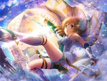 1girl armor breasts brown_hair building cape cosplay daiba_nana dual_wielding earrings game_cg green_eyes hair_down headpiece holding holding_sword holding_weapon jewelry looking_at_viewer medium_breasts medium_hair midair nibelungenlied official_art parted_lips shoujo_kageki_revue_starlight shoujo_kageki_revue_starlight_-re_live- siegfried_(nibelungenlied) siegfried_(nibelungenlied)_(cosplay) solo sun sword thigh_strap weapon white_cape