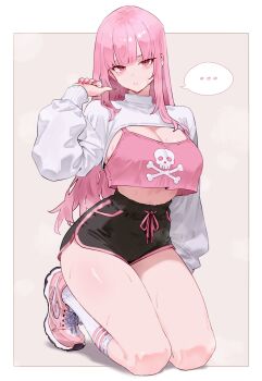 Rule 34 | ..., 1girl, absurdres, alternate costume, black shorts, bluefield, blunt bangs, breasts, cleavage, commentary, crop top, crop top overhang, dolphin shorts, duplicate, full body, high-waist shorts, highres, hololive, hololive english, kneehighs, large breasts, long hair, long sleeves, looking at viewer, mori calliope, pink eyes, pink hair, pink shoes, pink tank top, pixel-perfect duplicate, print tank top, puffy long sleeves, puffy sleeves, shoes, short shorts, shorts, shrug (clothing), sidelocks, skull and crossbones, sneakers, socks, solo, speech bubble, spoken ellipsis, straight hair, sweat, tank top, thighs, virtual youtuber, white shrug, white socks
