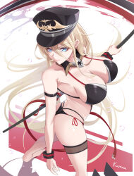 Rule 34 | 1girl, absurdres, arm behind back, arm strap, azur lane, bikini, bismarck (azur lane), black bikini, blonde hair, blue eyes, breasts, expressionless, flag, hair between eyes, hand up, hat, highres, holding, holding flag, kamina (kamin789), large breasts, long hair, military hat, paid reward available, serious, solo, standing, swimsuit, thigh strap, very long hair