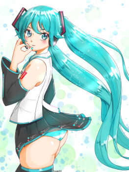 1girl aqua_eyes aqua_hair aqua_nails aqua_necktie ass black_sleeves commentary_request detached_sleeves hatsune_miku headphones headset highres kazm00 long_hair necktie number_tattoo panties pantyshot shirt sleeveless sleeveless_shirt solo striped_clothes striped_panties tattoo twintails underwear vocaloid