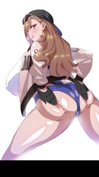 1girl animated ass ass_shake backwards_hat black_gloves blue_panties blush bouncing_breasts breasts brown_eyes brown_hair commentary_request commission covered_erect_nipples eyewear_on_head from_behind gloves grabbing_own_ass hat highres huge_breasts jacket leotard leotard_under_clothes long_hair looking_at_viewer looking_back open_clothes open_jacket original panties parted_lips peaked_cap shiny_skin shirt simple_background skeb_commission smile solo sound suhamaya sunglasses swaying_hip tagme underwear video white_background white_shirt