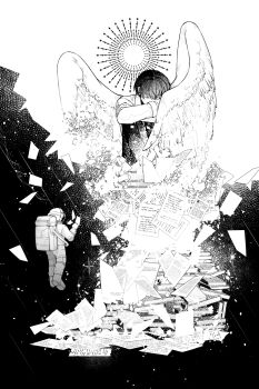 2boys astronaut black_hair book book_stack commentary_request curled_up disintegration elbows_on_knees falling_paper feathered_wings floating greyscale head_down helmet highres kim_dokja male_focus mini_person miniboy monochrome multiple_boys official_alternate_costume omniscient_reader&#039;s_viewpoint outstretched_arm sanjinmogufufu short_hair size_difference space_helmet spacesuit too_many too_many_books too_many_papers white_wings wings yoo_joonghyuk