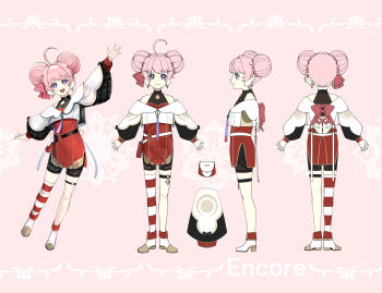 1girl bow closed_mouth dress encore_(wuthering_waves) hair_between_eyes hair_bow hair_ornament hand_up highres kitekiko looking_at_viewer open_mouth pink_bow pink_hair purple_eyes reference_sheet smile solo wuthering_waves