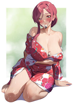 absurdres akihiro0920 arm_support arm_under_breasts barefoot between_breasts blush border breasts cleavage collarbone commentary_request feet floral_print floral_print_kimono green_background green_eyes hair_between_eyes hanazono_hahari highres japanese_clothes kimi_no_koto_ga_dai_dai_dai_dai_daisuki_na_100-nin_no_kanojo kimono large_breasts long_hair long_sleeves looking_at_viewer mature_female mouth_hold parted_bangs print_kimono red_eyes red_hair sidelocks simple_background sitting steam toes white_border