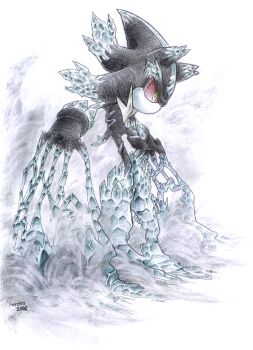 Rule 34 | 1boy, 2008, artist name, chest fur, colored sclera, commentary, crystal hair, dated, english commentary, green eyes, highres, male focus, mephiles the dark, no mouth, no nose, red sclera, rodamrix, slit pupils, solo, sonic (series), sonic the hedgehog (2006), traditional media, white background