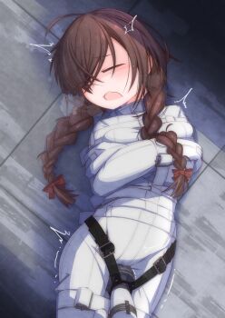 1girl ahoge arms_across_body arms_under_breasts bdsm belt_buckle bodysuit bound bound_arms bound_legs braid brown_hair buckle closed_eyes fang highres hitachi_magic_wand long_hair lying madotsuki menou_74 on_back open_mouth sex_toy skin_fang solo straitjacket twin_braids vibrator white_bodysuit yume_nikki