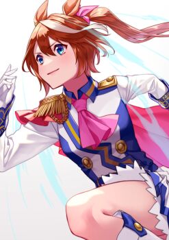 Rule 34 | 1girl, akatsuki (kuon), animal ears, ascot, blue eyes, blush, breasts, brown hair, buttons, cape, closed mouth, commentary request, double-breasted, epaulettes, gloves, high ponytail, horse ears, horse girl, jacket, long hair, long sleeves, multicolored hair, multicolored jacket, pink ascot, pink cape, ponytail, red cape, running, single epaulette, skirt, smile, solo, streaked hair, tokai teio (peak joy) (umamusume), tokai teio (umamusume), two-tone jacket, two-tone skirt, umamusume, white gloves, white hair, white jacket, white skirt