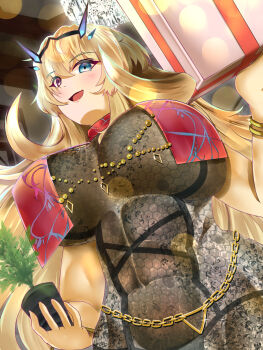 1girl abs barghest_(fate) belly_chain biceps blonde_hair blush bodystocking box bracelet breast_curtains breasts commentary_request covered_navel fate/grand_order fate_(series) gift gift_box green_eyes heterochromia highres horns huge_breasts jewelry long_hair looking_at_viewer muscular muscular_female open_mouth plant potted_plant red_eyes shimoda-daitotok smile solo