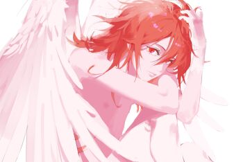 1boy androgynous angel_devil_(chainsaw_man) angel_wings arm_on_knee chainsaw_man commentary hashtag-only_commentary highres knee_up lips long_hair looking_at_viewer male_focus nacarattt nipples nude red_eyes red_hair simple_background skinny solo white_background wings