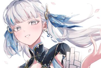 1girl black_dress blue_ribbon blunt_bangs blush china_dress chinese_clothes colored_eyelashes commentary_request dress earrings eyebrows_hidden_by_hair fingernails floating_hair grey_eyes grey_hair grin hair_flowing_over hair_ornament hair_ribbon hair_rings hand_up highres jewelry jinhsi_(wuthering_waves) kado_51 light_blush long_fingernails looking_at_viewer mole mole_on_cheek parted_lips petals pink_petals portrait ribbon simple_background smile solo twintails upper_body white_background wuthering_waves