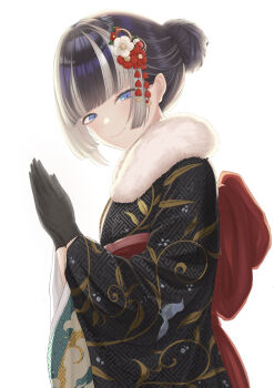 1girl absurdres black_gloves black_hair black_kimono black_streaks commentary_request flower getsukiba gloves hair_bun hair_flower hair_ornament highres hololive hololive_dev_is japanese_clothes juufuutei_raden juufuutei_raden_(new_year) kimono looking_at_viewer medium_hair official_alternate_costume own_hands_together smile solo virtual_youtuber white_background