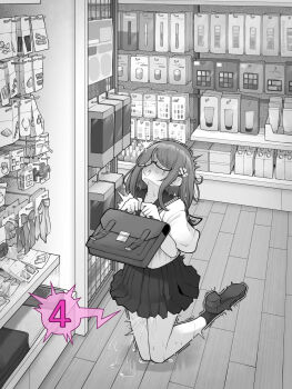 Rule 34 | 1girl, bag, commentary request, glasses, highres, holding, holding bag, implied vibrator, indoors, kakuremino7928, kneeling, large variant set, medium hair, miniskirt, monochrome, open mouth, original, paid reward available, pleated skirt, pussy juice, sailor collar, sailor shirt, school uniform, semi-rimless eyewear, serafuku, shirt, shoes, short sleeves, skirt, socks, solo, sweat, trembling, under-rim eyewear, variant set