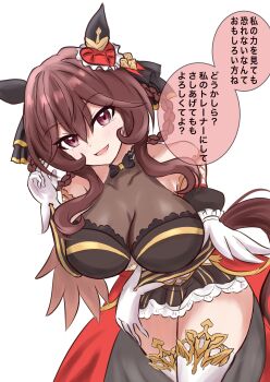 1girl absurdres animal_ears beatsheavens0735 blush braid braided_hair_rings breasts brown_hair ear_covers ear_ornament gentildonna_(regina_dei_fiori)_(umamusume) gentildonna_(umamusume) hair_between_eyes hair_ornament hair_rings heart-shaped_ornament heart_ear_ornament highres horse_ears horse_girl horse_tail large_breasts looking_at_viewer red_eyes see-through_cleavage see-through_clothes simple_background smile solo tail umamusume white_background