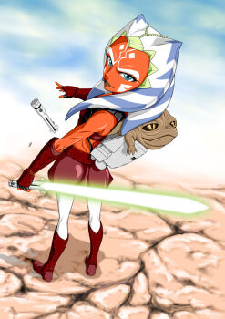 1girl ahsoka_tano alien animification backpack bag belt blue_eyes clone_wars cloud day energy_sword facial_mark female_focus fingerless_gloves from_behind gloves jedi jedi_knight kaise_sousuke knight lightsaber lips loli reverse_grip rotta_the_hutt shorts sky smirk solo star_wars star_wars:_clone_wars_(2008_movie) star_wars:_the_clone_wars_(2008_tv_series) sword tattoo tentacle_hair togruta weapon yellow_eyes