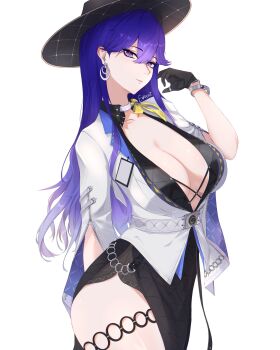 Rule 34 | 1girl, absurdres, black dress, black gloves, black hat, bracelet, breasts, cleavage, dress, earrings, enxaint, gloves, hair between eyes, hat, highres, jacket, jewelry, large breasts, long hair, looking at viewer, lucilla (wuthering waves), mole, mole under eye, no bra, parted lips, purple hair, side slit, smile, solo, thighlet, white jacket, wuthering waves