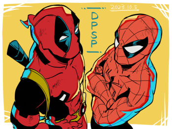 2boys animal_print belt black_bodysuit bodysuit border commentary_request crossed_arms dated deadpool deadpool_(series) hand_on_own_hip male_focus marvel momoi_housuke multicolored_bodysuit multiple_boys outside_border red_bodysuit simple_background spider-man spider-man_(series) spider_print spider_web_print superhero_costume two-tone_bodysuit weapon weapon_on_back white_border yellow_background yellow_belt