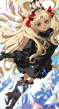 Rule 34 | 1girl, black dress, black gloves, black hairband, black thighhighs, blonde hair, bow, curtained hair, dark-skinned female, dark skin, dress, earrings, ereshkigal (fate), ereshkigal alter (fate), fate/grand order, fate (series), floating hair, gloves, hair bow, hairband, high collar, highres, hoop earrings, jewelry, long hair, looking at viewer, parted bangs, red bow, red eyes, solo, thighhighs, two side up, yaoshi jun
