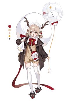 Rule 34 | 1girl, :d, absurdres, animal ears, animal slippers, antlers, bag, balloon, bell, blonde hair, brown eyes, brown horns, brown jacket, brown slippers, commentary, deer ears, frilled hairband, frills, full body, hairband, highres, holding, holding bag, holding balloon, horns, jacket, large bag, long sleeves, looking at viewer, medium hair, open clothes, open jacket, open mouth, original, red ribbon, reindeer antlers, reindeer girl, ribbon, shiro wa (shiroshironix), slippers, smile, snowman, standing, stuffed toy, thighhighs, white hairband, white thighhighs