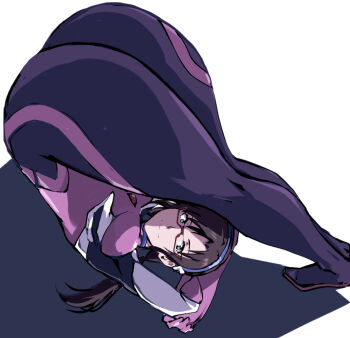 Rule 34 | 1girl, ass, bodysuit, breasts, brown hair, closed mouth, commentary request, evangelion: 2.0 you can (not) advance, flexible, forward fold, glasses, green eyes, hairband, interface headset (evangelion), kamisimo 90, long hair, looking at another, looking up, makinami mari illustrious, mecha pilot suit, medium breasts, multicolored bodysuit, neon genesis evangelion, pink bodysuit, plugsuit (evangelion), rebuild of evangelion, smile, top-down bottom-up