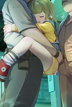 1girl 2boys akifn bath belt brown_pants brown_shirt carrying carrying_person child closed_eyes collared_shirt denim denim_skirt facial_hair from_side green_hair green_necktie grey_pants hair_bobbles hair_ornament hairclip highres hug jacket loli long_sleeves multiple_boys mustache necktie open_clothes open_jacket open_mouth original panties pants red_footwear shirt shoes short_hair short_sleeves short_twintails skirt sleeping socks standing suspender_skirt suspenders twintails underwear wet wet_clothes wet_panties white_shirt white_socks wristband yellow_shirt