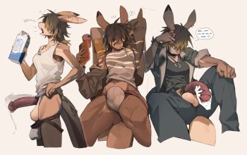 1futa animal_ear_piercing black_choker breasts choker covered_erect_nipples drink_carton full-package_futanari furry furry_female futanari highres holding holding_milk_carton jacket jewelry jockstrap knifedragon large_penis male_underwear medium_breasts midriff_peek milk_carton multiple_views navel_piercing necklace open_clothes open_jacket original penis penis_piercing piercing simple_background sleeves_rolled_up testicles underwear