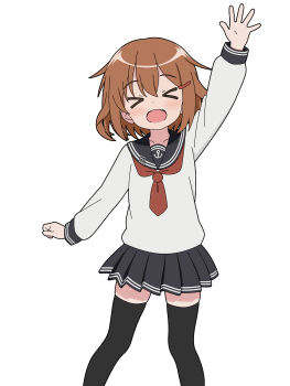 >_< 1girl black_sailor_collar black_skirt black_thighhighs fang highres ikazuchi_(kancolle) kantai_collection neckerchief open_mouth pleated_skirt red_neckerchief sailor_collar sailor_shirt school_uniform serafuku shirt short_hair simple_background skirt smile solo sugapi thighhighs waving white_background white_shirt