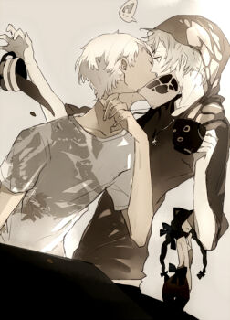 ! !? 1girl 2boys ? animal_ears backless_shirt bare_arms bare_shoulders black_bow black_hair black_jacket black_pants bow braid cat_ears closed_eyes collarbone confused covered_mouth cup dark-skinned_male dark_skin faceless faceless_female grey_background grey_hair grey_mask grey_shirt hair_bow holding holding_cup hood hood_up hooded_jacket hoodie interracial jacket kiss long_hair long_sleeves low_twin_braids male_focus mask mask_pull mouth_mask multiple_boys multiple_hair_bows original pants shirt short_hair spill spoken_exclamation_mark spoken_question_mark suou_(sdurorhr) t-shirt tea teacup three-quarter_sleeves torn_clothes torn_hoodie torn_jacket twin_braids very_long_hair waist_bow white_hair wide-eyed yaoi