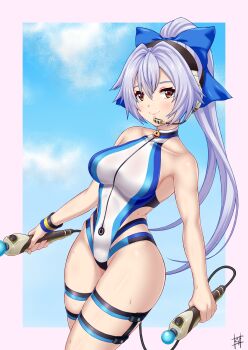1girl bare_shoulders blue_bow blue_one-piece_swimsuit blue_sky blush bow breasts controller fate/grand_order fate_(series) guriguri_(arayotto4351) hair_bow headset highleg highleg_one-piece_swimsuit highres large_breasts long_hair looking_at_viewer one-piece_swimsuit ponytail red_eyes sky solo swimsuit thigh_strap thighs tomoe_gozen_(fate) tomoe_gozen_(swimsuit_saber)_(fate) tomoe_gozen_(swimsuit_saber)_(first_ascension)_(fate) two-tone_swimsuit white_hair white_one-piece_swimsuit wristband