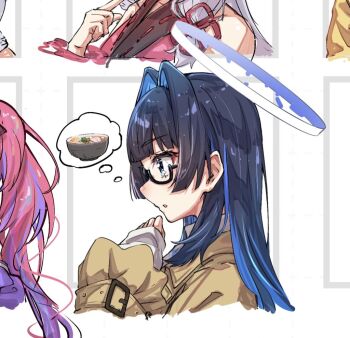 1girl black-framed_eyewear blue_eyes blue_hair brown_jacket colored_inner_hair commentary glasses halo hololive hololive_english jacket long_hair multicolored_hair official_alternate_costume open_mouth ouro_kronii ouro_kronii_(casual) shirt u_da_desu very_long_hair virtual_youtuber white_shirt